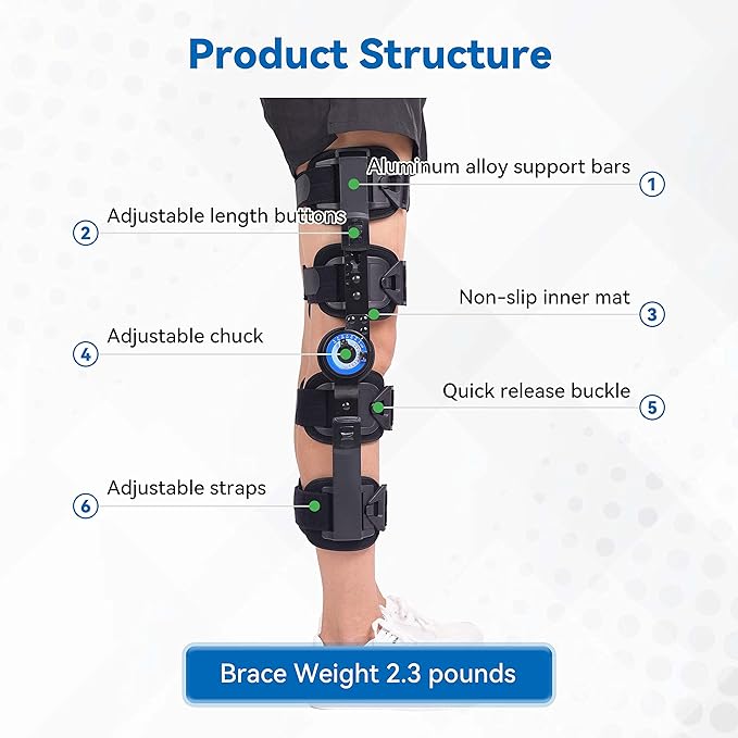 Hinged ROM Knee Brace, Post Op Recovery Stabilization, ACL, MCL and PCL Injury, Adjustable Orthopedic Support Immobilizer