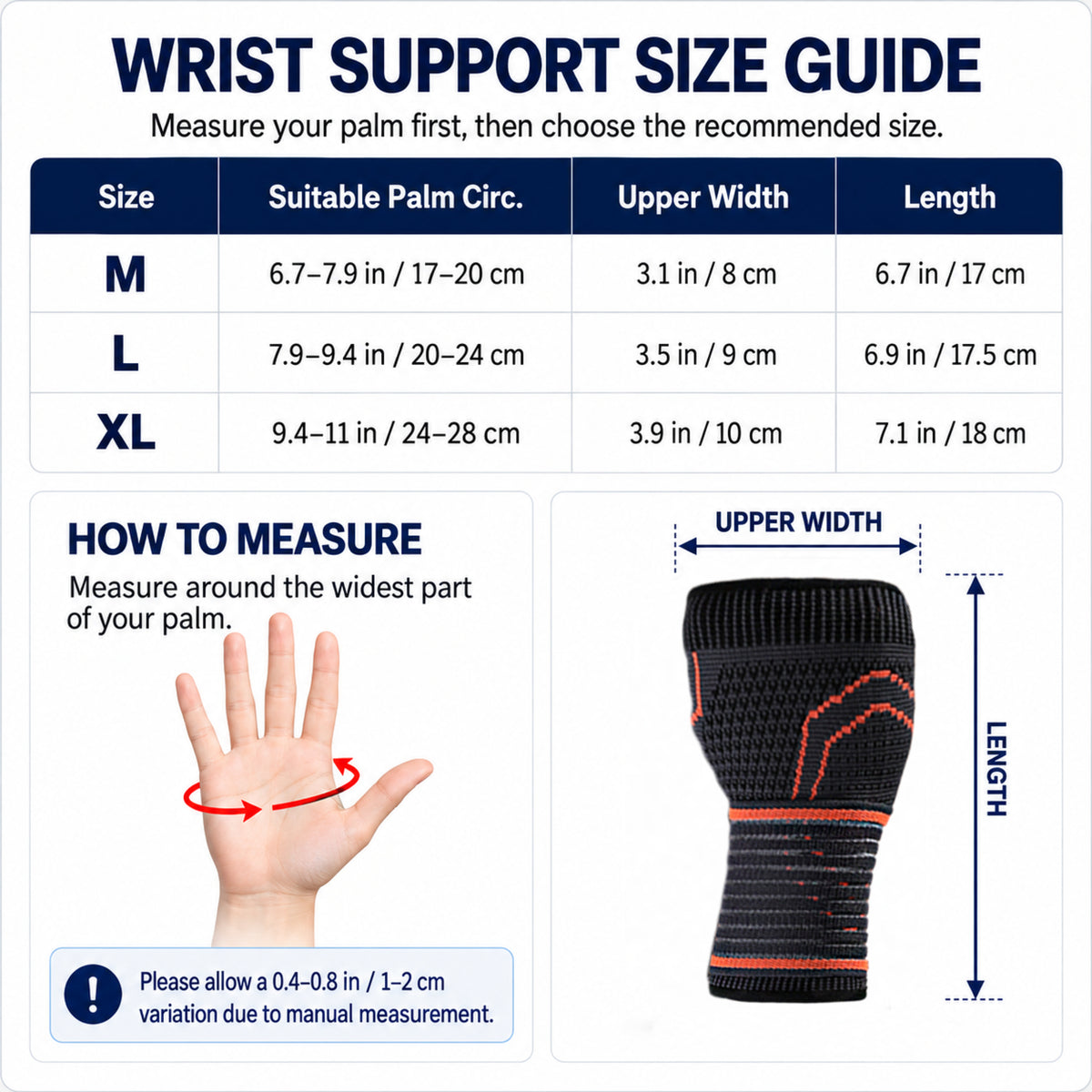 VBOSI Adjustable Knitted Wrist Support with Extended Elastic Compression Strap