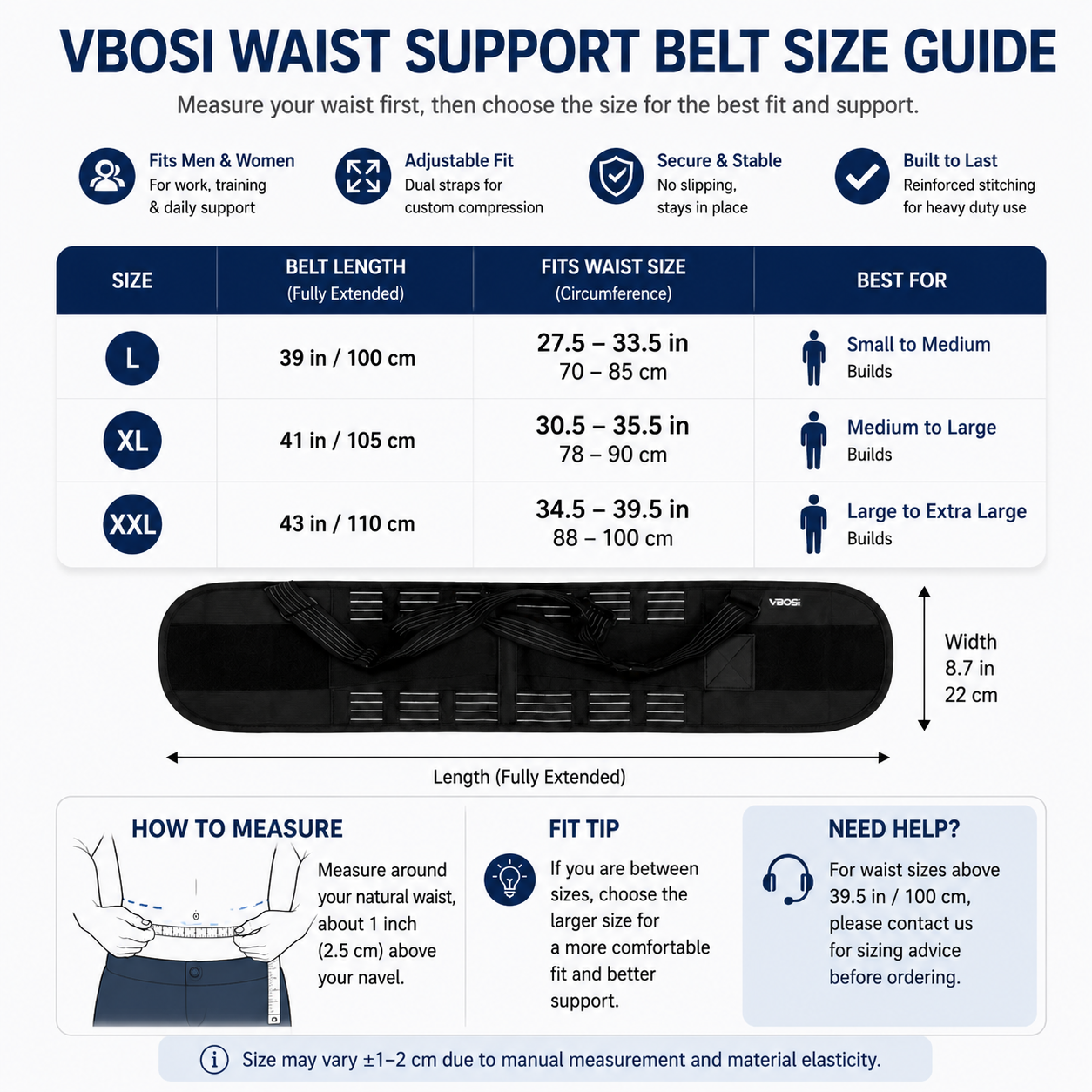 VBOSI Heavy Duty Back Support Belt with Adjustable Straps